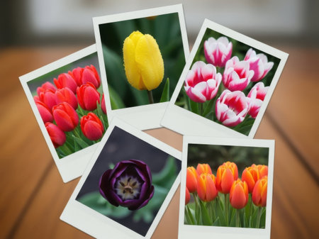 Tulips and photos on a wooden table in a room.の素材