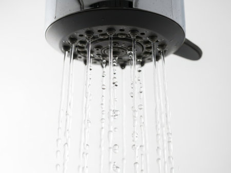 Shower head and water drops. Shower head with running water.の素材