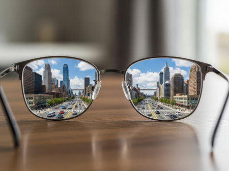 Reflection of the city in modern glasses on a wooden table.の素材