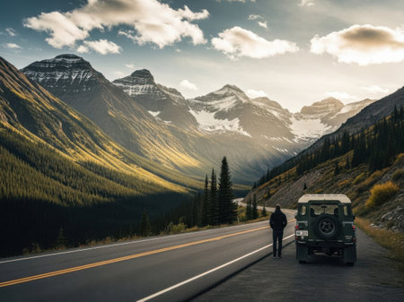 Tourists on the road in Glacier National Park, Montana, USAの素材
