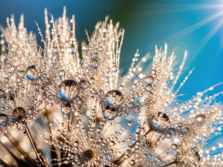 Dandelion seeds with dew drops close-up macro photographyの素材
