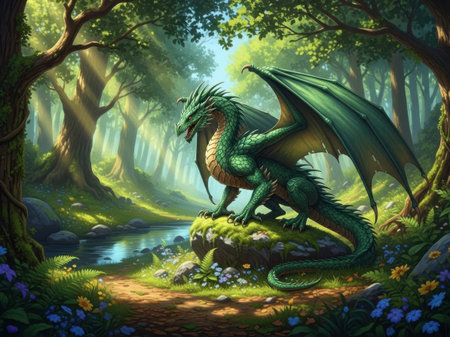 Fantasy landscape with fantasy dragon in the forest - illustration for childrenの素材