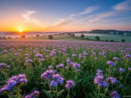 Sunrise over a field with purple flowers in the countryside in summerの素材