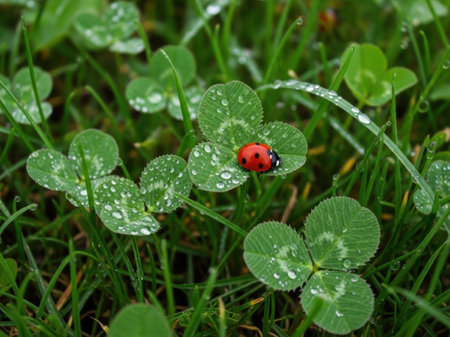 Ladybug on a green clover leaf with water drops after rainの素材
