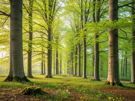 Sunlight in the green forest. Spring landscape. Springtime.の素材