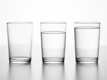 Three empty glasses of water on a white background. Close-up.の素材