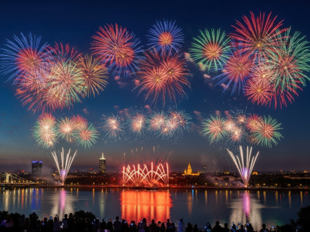 Colorful fireworks display over Danube river in Budapest, Hungary.の素材