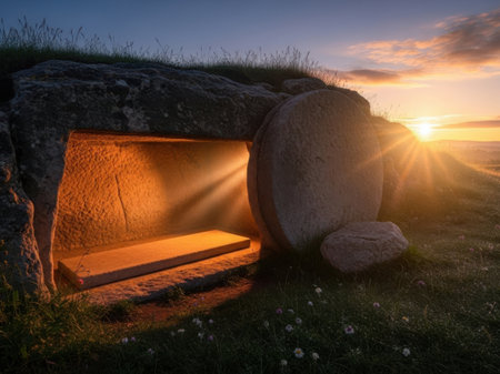 Sunset over an old stone dolmen on a meadowの素材