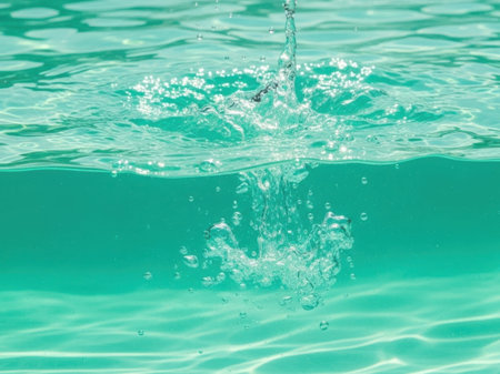 Water splash on green background. Close-up shot of water surface.の素材