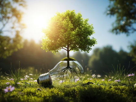Green tree growing from a light bulb in the grass. Eco concept.の素材