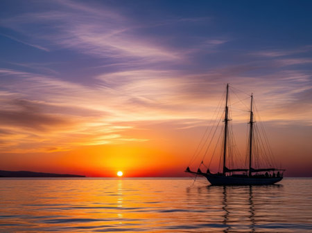 Sailing boat silhouette at sunset on the Adriatic Sea in Croatiaの素材