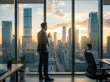 Businessman looking out the window in a modern office with skyscrapersの素材