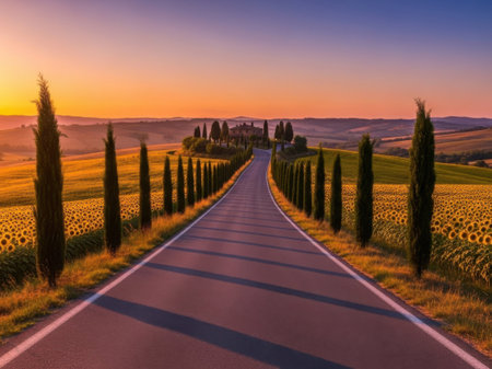 Country road in Tuscany with cypress trees at sunset, Italyの素材