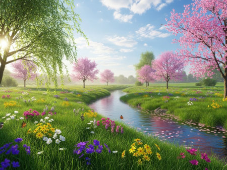 Spring landscape with blooming meadow and river. 3d renderの素材