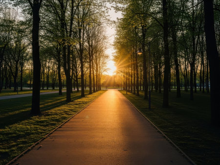 Sunset in the park. The sun rays through the trees.の素材