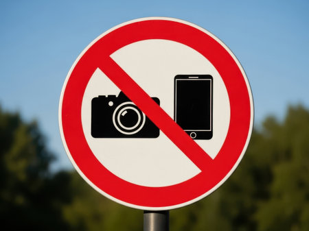 No photography sign with camera and smartphone on a background of blue skyの素材