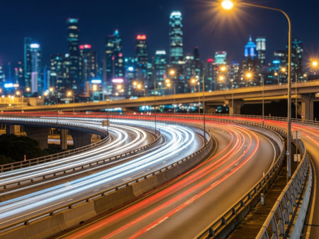 the light trails on the modern building background in shanghai china.の素材