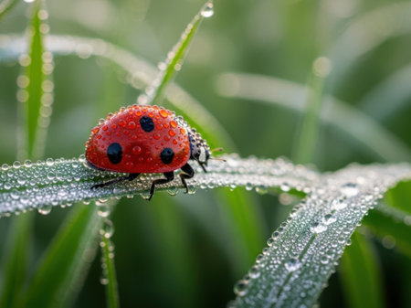 ladybug on grass with dew drops close up macro photoの素材