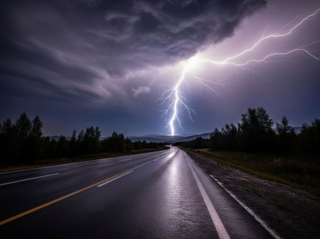 Lightning strikes the road during a thunderstorm in the evening.の素材