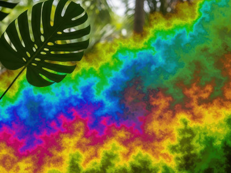 Rainbow background with tropical leaves and a space for your text.の素材