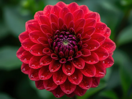 Red dahlia flower with water droplets on petals.の素材