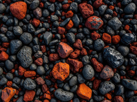 Red and black pebbles on the beach, background texture.の素材