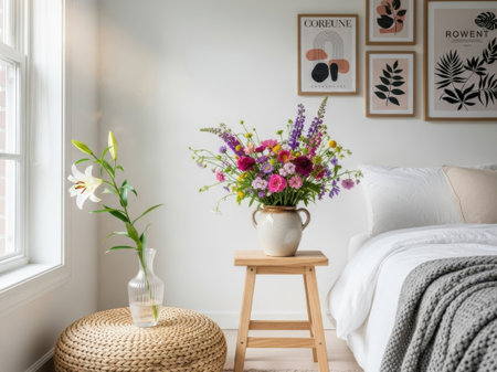 Bouquet of wildflowers on wooden chair in bedroom interiorの素材