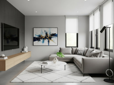 Interior of modern living room with grey sofa 3d render illustrationの素材
