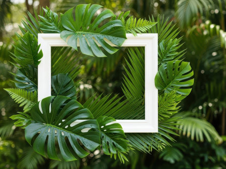 Tropical leaves with white frame in the garden, stock photoの素材