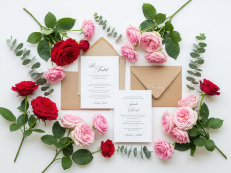 Wedding invitation with envelope, roses and eucalyptus on white backgroundの素材