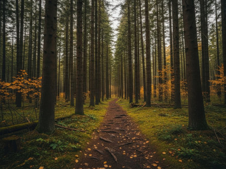 Path in the autumn forest with trees and fallen leaves - retro vintage effectの素材