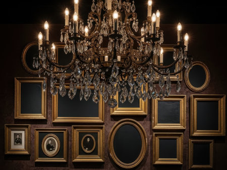 Chandelier in the interior of the room. Picture frames.の素材