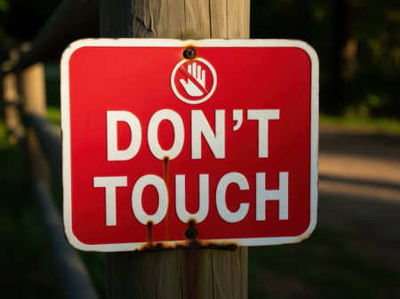 Do not touch sign on a wooden post in the park with copy spaceの素材