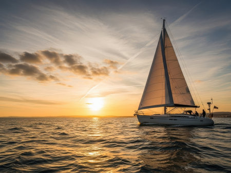Sailing yacht in the sea at sunset. Luxury yacht in the sea.の素材