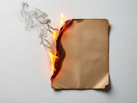 Burning paper on white background, top view. Space for textの素材