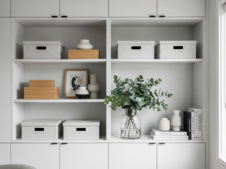 White shelving unit with different home related objects, 3d renderの素材