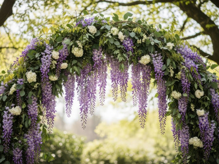 Wisteria flowers in the garden. Wedding arch in the park.の素材