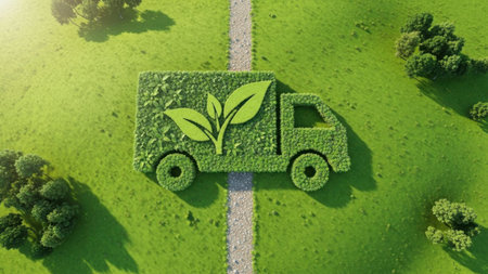 Concept or conceptual green energy and eco friendly transport symbol shape made of grass on road and car on backgroundの素材