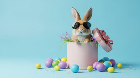 Easter bunny with gift box and colorful eggs on blue background.の素材