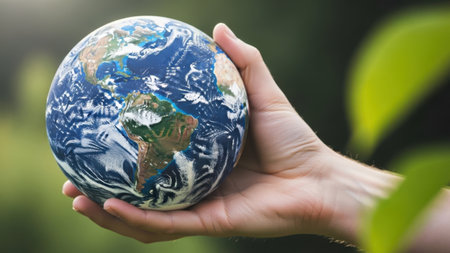 Close-up of female hands holding earth globe against green leaves in forestの素材