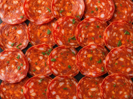 Slices of salami sausage as a background. Top viewの素材