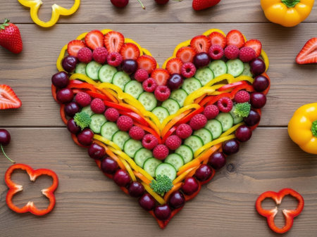 Heart made of fresh fruits and vegetables on wooden background, top viewの素材