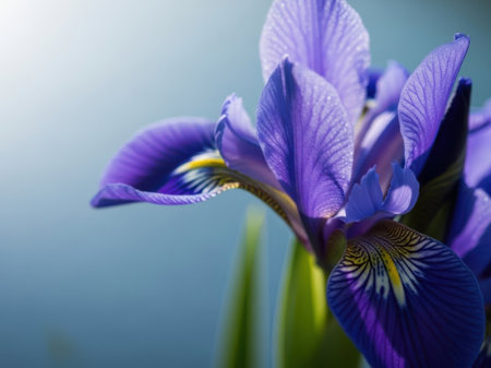 Beautiful iris flower close-up on a blue background.の素材