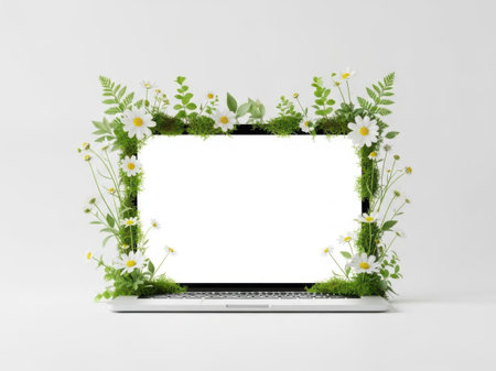 Laptop with white screen and wildflowers on the white backgroundの素材