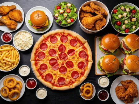 Fast food selection on a black background. Top view, flat layの素材