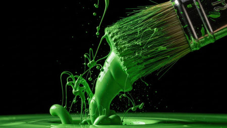 Green paint splashing from a paintbrush, isolated on black backgroundの素材