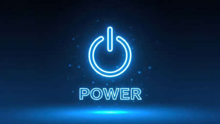 Power neon sign on dark blue background. Vector illustration of power.の素材
