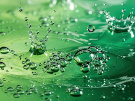 Water drops on green background. Shallow depth of field (DOF)の素材