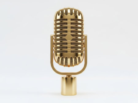 A beautifully crafted golden microphone with intricate patterns stands prominently against a plain background.の素材