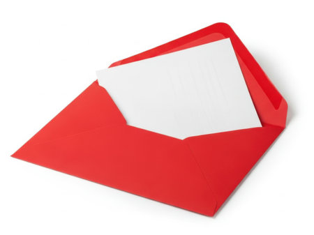 A bright red envelope lies open, revealing a blank white note inside, ready for a personal message.の素材